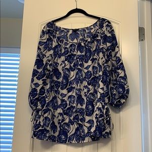 Ann Taylor 3/4 Length Blue Floral Blouse